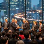 茅ヶ崎市優良建設工事表彰式の雰囲気を捉えた画像。受賞者や市の人々が交流する様子と、モダンな都市の景観を背景にした構図です。
