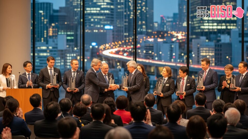 茅ヶ崎市優良建設工事表彰式の雰囲気を捉えた画像。受賞者や市の人々が交流する様子と、モダンな都市の景観を背景にした構図です。