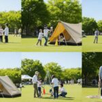 湘南で防災ライブイベント開催へ。親子がアウトドア体験を楽しみながら、防災知識を学ぶシーンを描写。子どもたちが様々な活動に参加している様子。