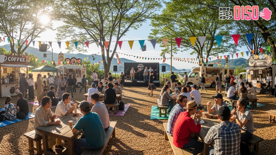 湘南海街珈琲祭2025についてのイベントシーン。緑に囲まれたアウトドアイベントで、訪れる人々がコーヒーを楽しむ様子を描写。