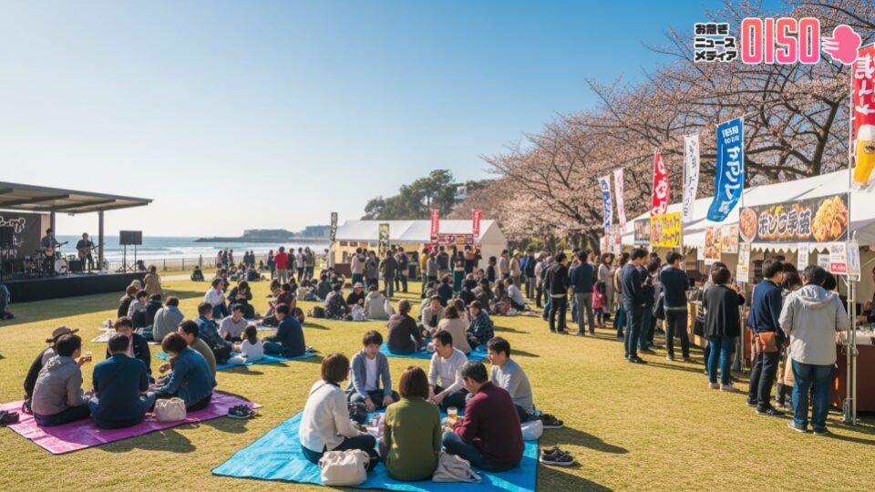 湘南・西湘でクラフトビール祭「うみちかマルシェ」開催へ。来場者がビールを楽しむ様子と地元グルメ、音楽が奏でる明るい雰囲気の景観。