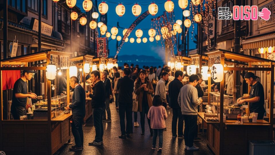 鵠沼海岸商店街で宵まち市の賑わいを感じる夜のマーケットの風景。地元の美味しい食べ物や楽しいイベントが楽しめる一夜の様子を表現しています。