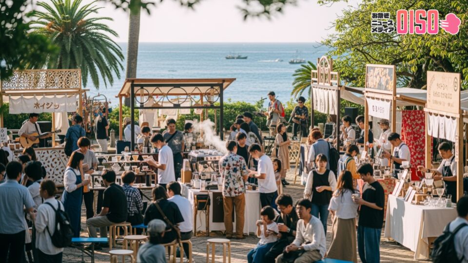 湘南海街珈琲祭2025開催を前にした、海沿いのコーヒーフェスティバルの賑わいを表現。人々が楽しむ様子やコーヒースタンドが描かれたシーン。