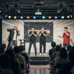 ゴールデンコンビの「トーナメントで顔を決める」ネタをテーマにした即興お笑いの競技風景を描写。