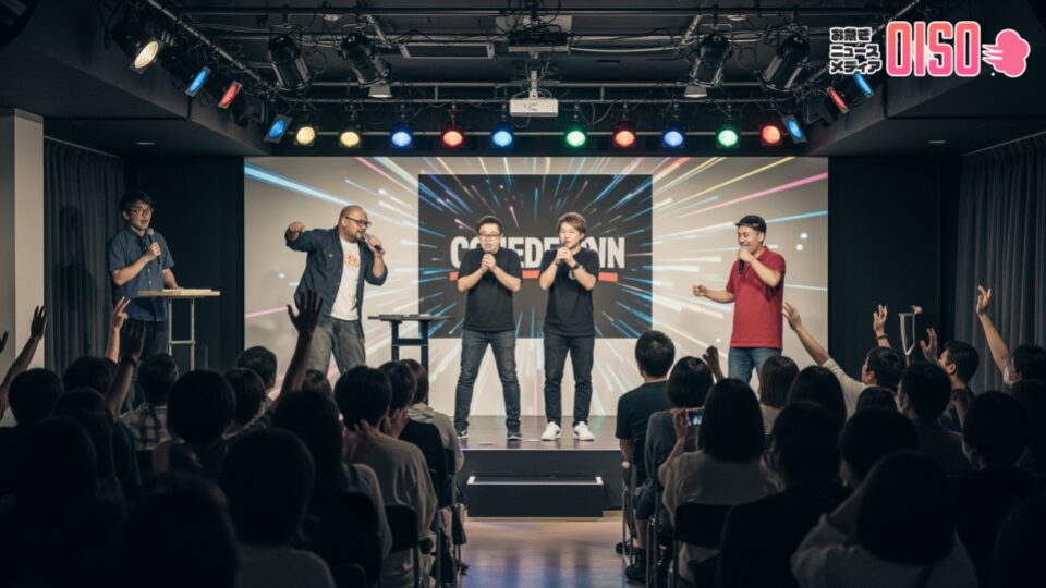 ゴールデンコンビの「トーナメントで顔を決める」ネタをテーマにした即興お笑いの競技風景を描写。