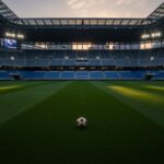 「湘南ベルマーレとライザップが異例の対立」をテーマにした、静かなスタジアムの風景。運営とファンの乖離を表現。