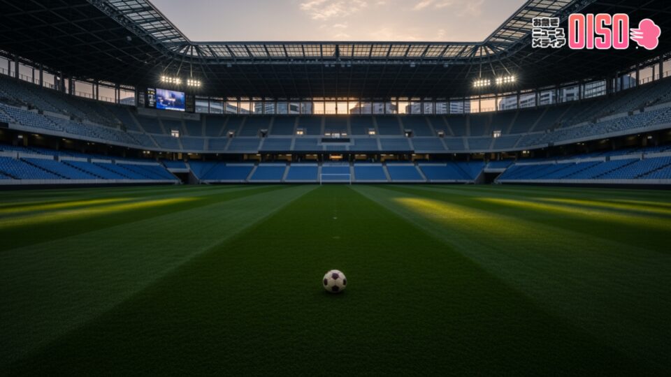 「湘南ベルマーレとライザップが異例の対立」をテーマにした、静かなスタジアムの風景。運営とファンの乖離を表現。